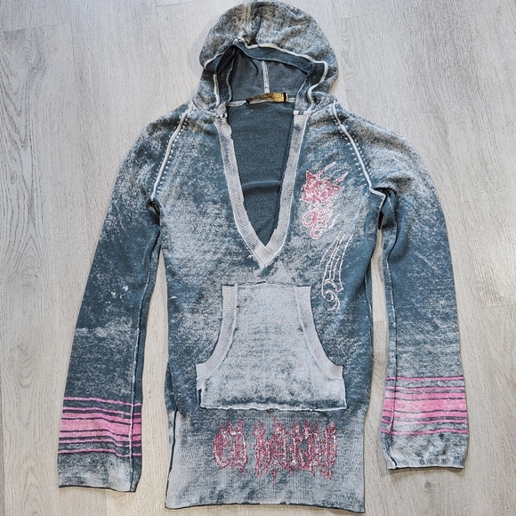 Ed Hardy Tops - Vintage Y2K Ed Hardy Rhinestone Skull Hoodie Long sleeve Women Small Grunge Top